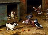 Edgar Hunt Canvas Paintings - Puppies and Pigeons playing by a Kennel